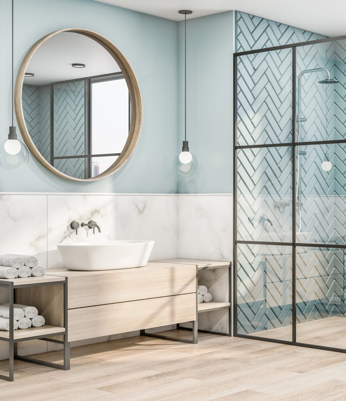 Modern gestaltetes Badezimmer mit Dusche und hochwertiger Ausstattung